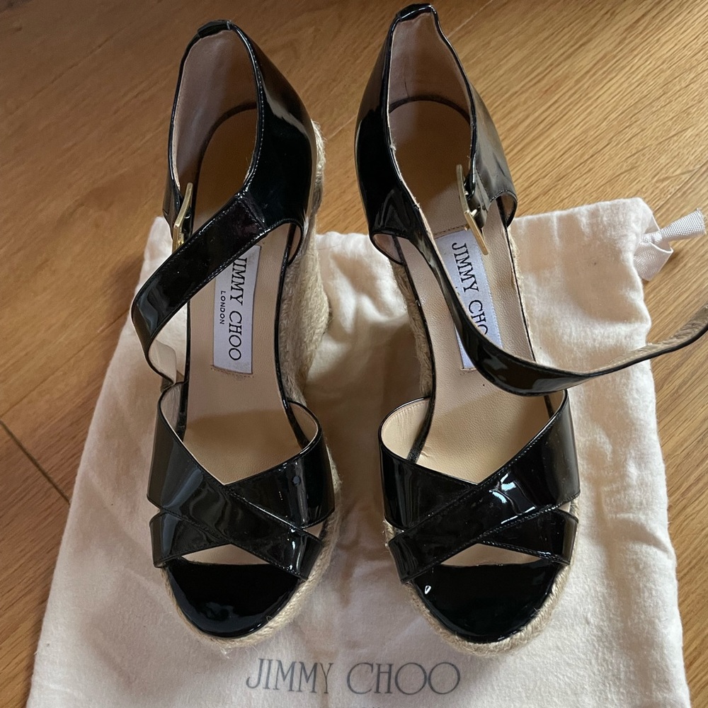 Jimmy Choo Espadrilles Black Paten Leather Wedge